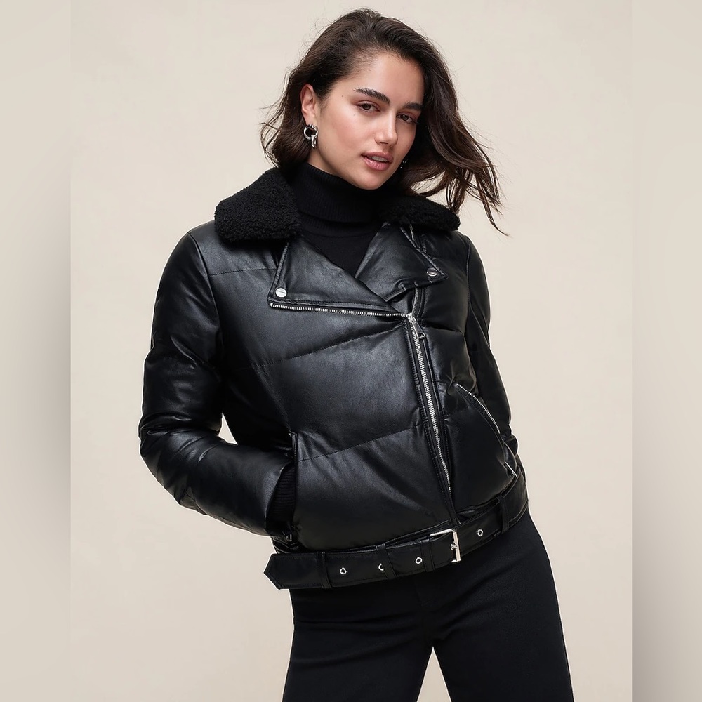 Faux Leather Fur Collar Belted Hem Puffer Moto Jacket - NWT Size XS